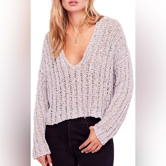 Freepeople comber Open Cotton knit beach sweater cropped size XS Gray - Picture 1 of 6